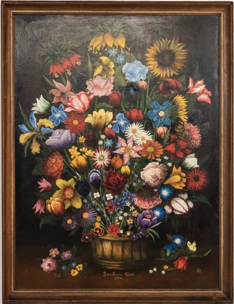 Een stillevenbloemenschilderij na restauratie