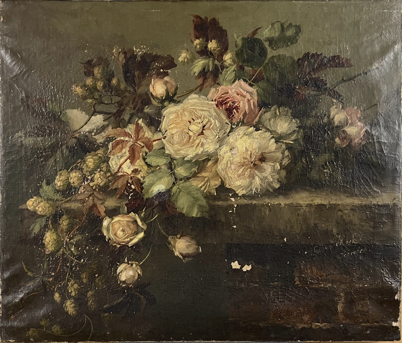 Stillevenschilderij voor behandeling met vergeelde vernis en beschadigingen